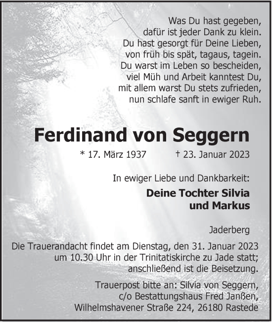 Traueranzeige von Ferdinand von Seggern von Nordwest-Zeitung