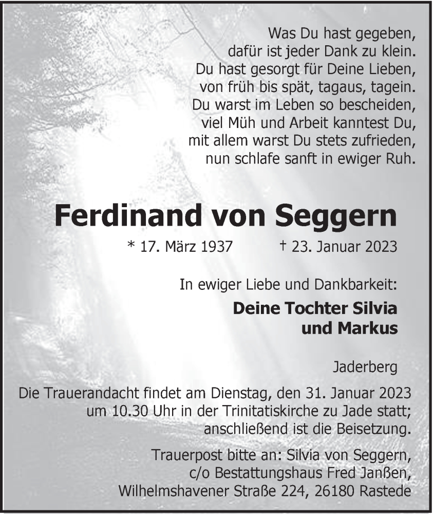  Traueranzeige für Ferdinand von Seggern vom 25.01.2023 aus Nordwest-Zeitung