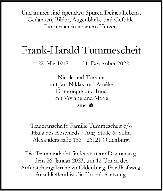 Traueranzeige von Frank-Harald Tummescheit von Nordwest-Zeitung