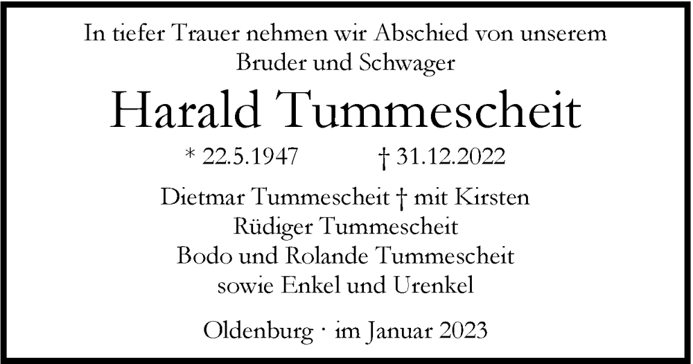  Traueranzeige für Frank-Harald Tummescheit vom 21.01.2023 aus Nordwest-Zeitung