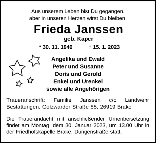 Traueranzeige von Frieda Janssen von Nordwest-Zeitung