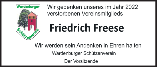 Traueranzeige von Friedrich Freese von Nordwest-Zeitung