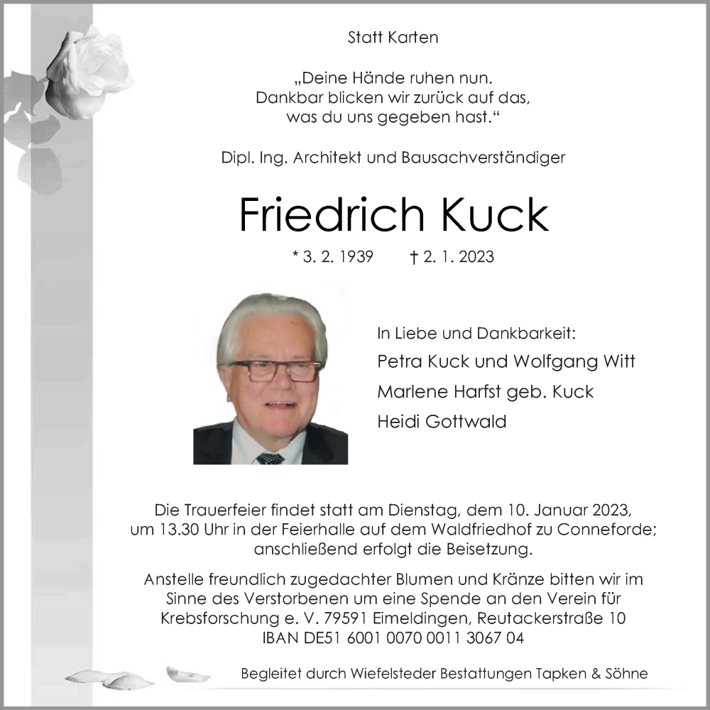  Traueranzeige für Friedrich Kuck vom 07.01.2023 aus Nordwest-Zeitung