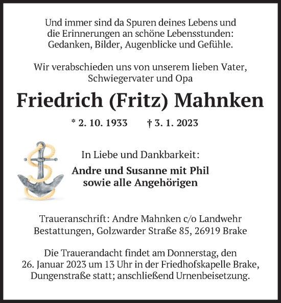 Traueranzeige von Friedrich Mahnken von Nordwest-Zeitung