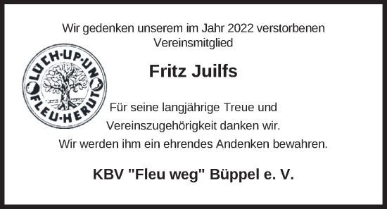 Traueranzeige von Fritz Juilfs von Nordwest-Zeitung