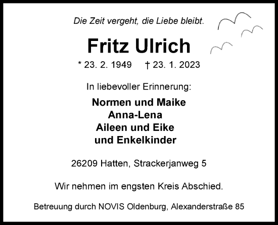 Traueranzeige von Fritz Ulrich von Nordwest-Zeitung