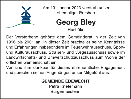 Traueranzeige von Georg Bley von Nordwest-Zeitung