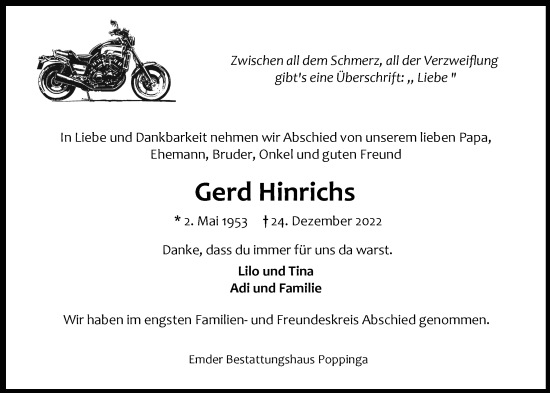 Traueranzeigen von Gerd Hinrichs nordwesttrauer.de