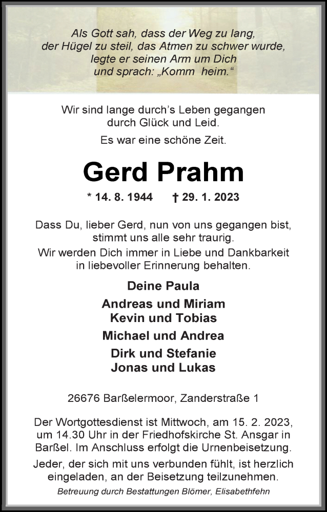 Traueranzeige für Gerd Prahm vom 31.01.2023 aus Nordwest-Zeitung