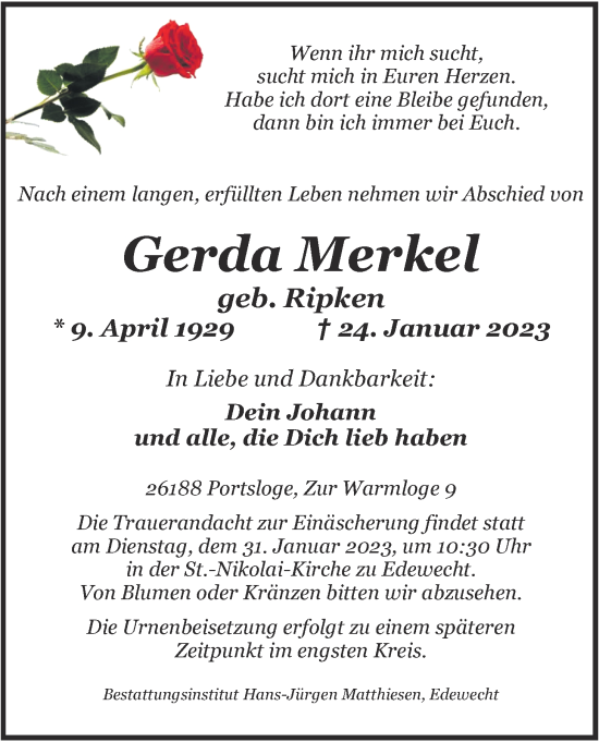 Traueranzeige von Gerda Merkel von Nordwest-Zeitung