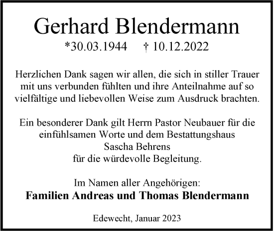 Traueranzeige von Gerhard Blendermann von Nordwest-Zeitung