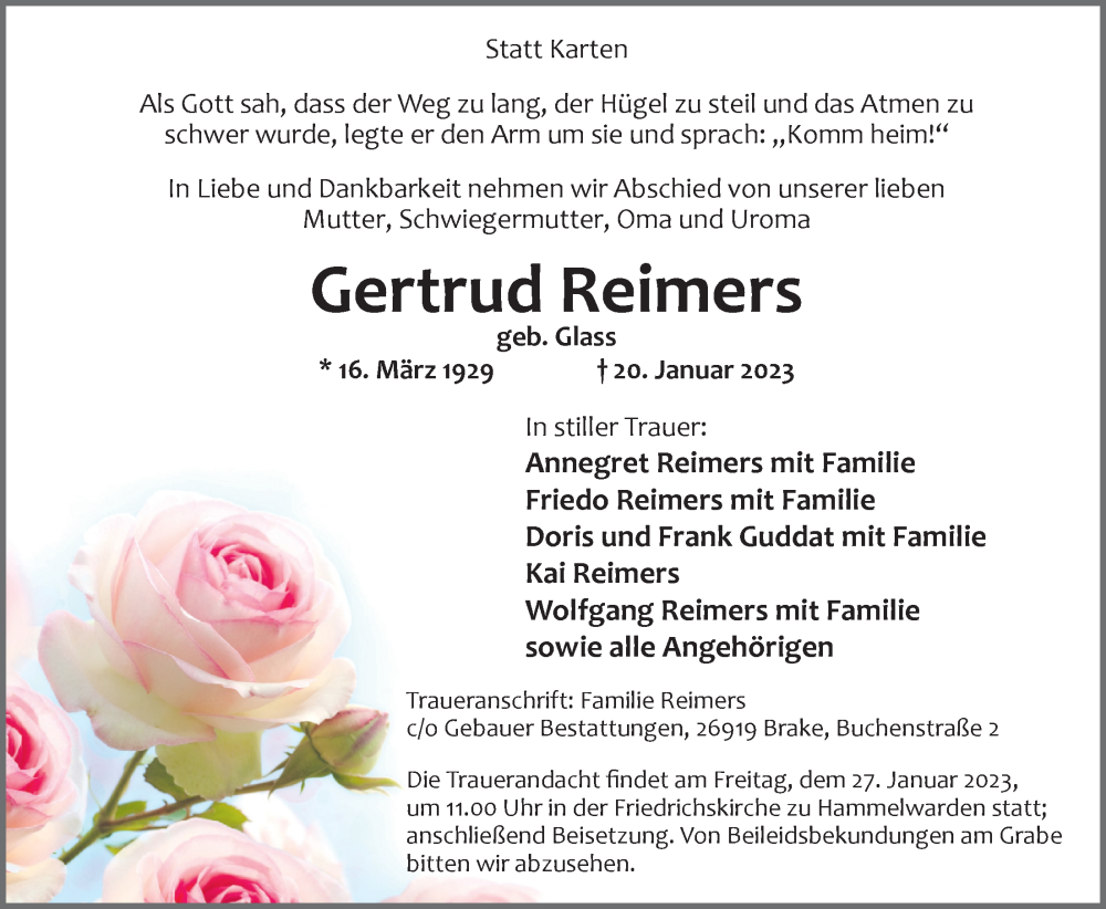  Traueranzeige für Gertrud Reimers vom 24.01.2023 aus Nordwest-Zeitung