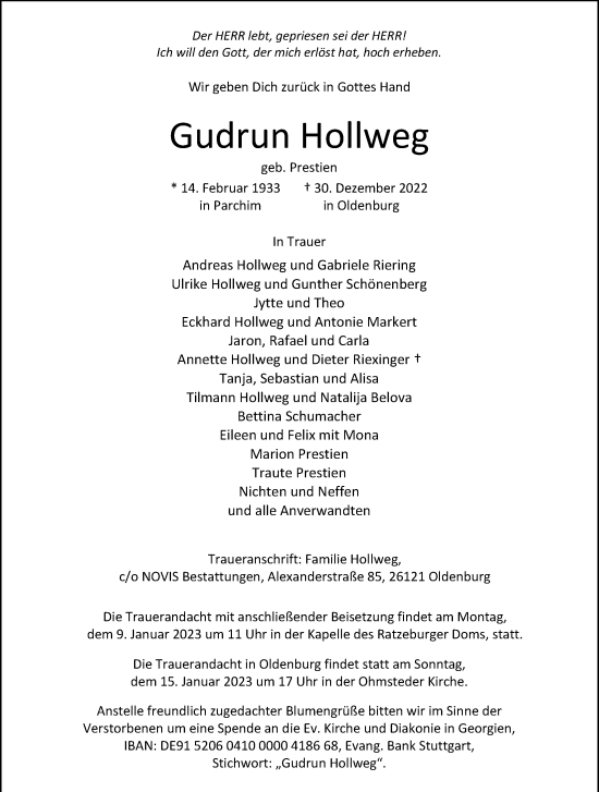 Traueranzeige von Gudrun Hollweg von Nordwest-Zeitung