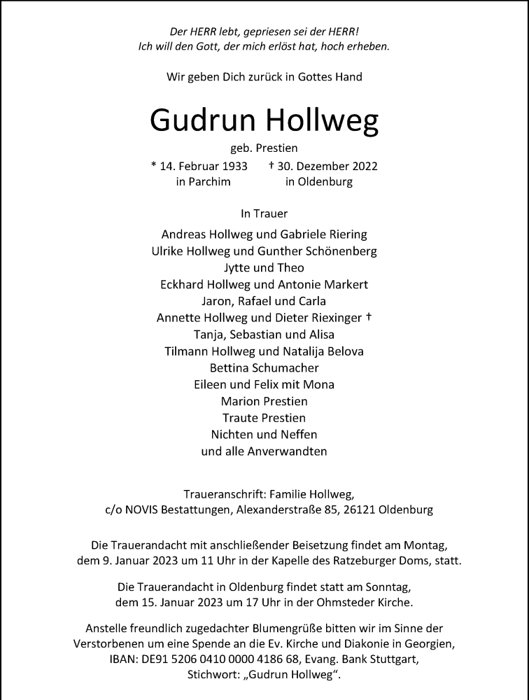 Traueranzeige für Gudrun Hollweg vom 04.01.2023 aus Nordwest-Zeitung