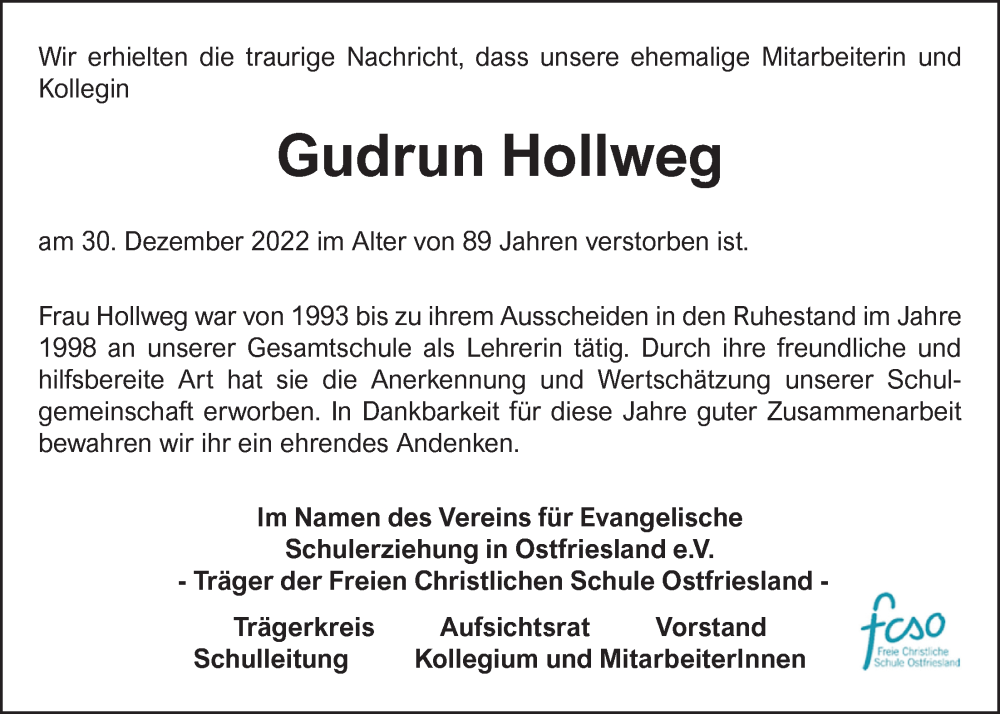  Traueranzeige für Gudrun Hollweg vom 10.01.2023 aus Nordwest-Zeitung