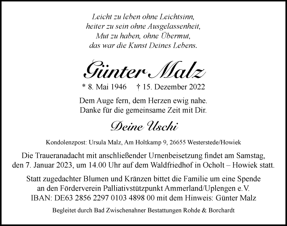  Traueranzeige für Günter Malz vom 02.01.2023 aus Nordwest-Zeitung