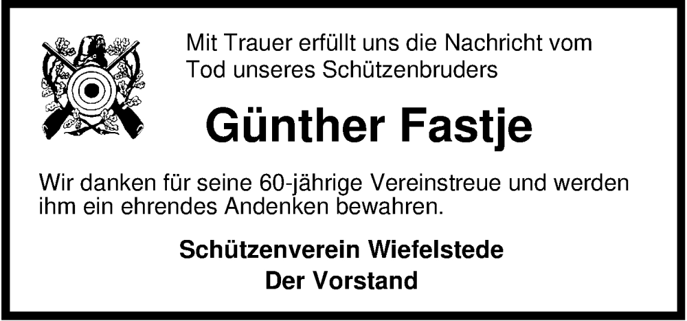  Traueranzeige für Günther Fastje vom 25.01.2023 aus Nordwest-Zeitung
