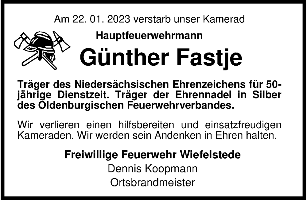  Traueranzeige für Günther Fastje vom 25.01.2023 aus Nordwest-Zeitung