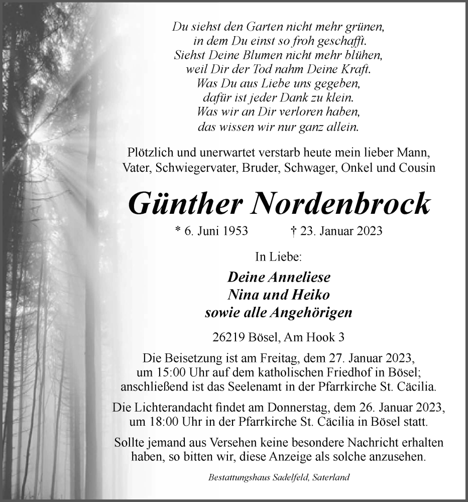  Traueranzeige für Günther Nordenbrock vom 25.01.2023 aus Nordwest-Zeitung