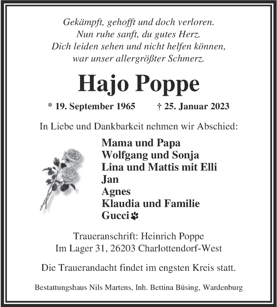  Traueranzeige für Hajo Poppe vom 28.01.2023 aus Nordwest-Zeitung