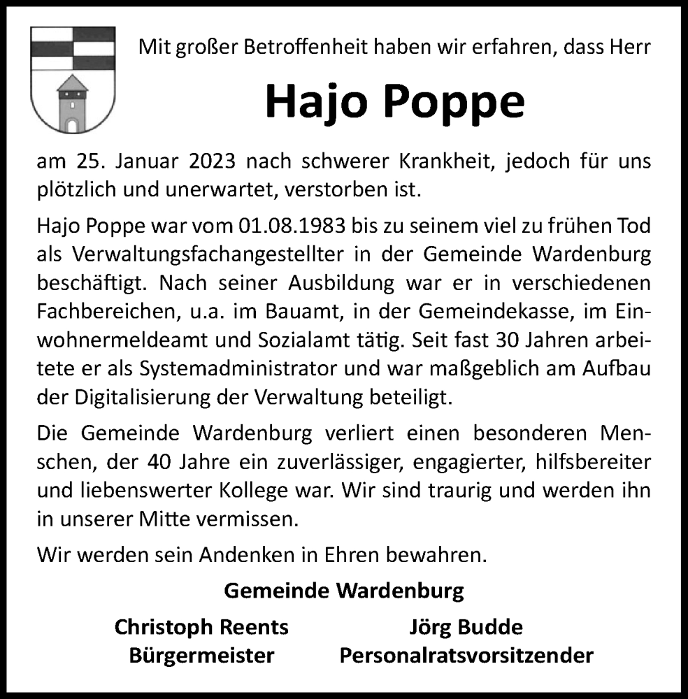  Traueranzeige für Hajo Poppe vom 28.01.2023 aus Nordwest-Zeitung