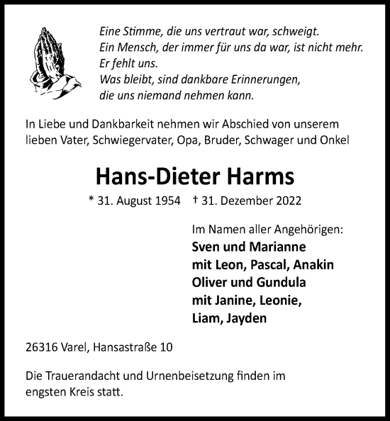 Traueranzeige von Hans-Dieter Harms von Nordwest-Zeitung