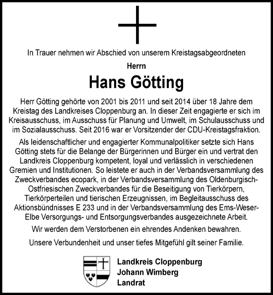 Traueranzeige von Hans Götting von Nordwest-Zeitung