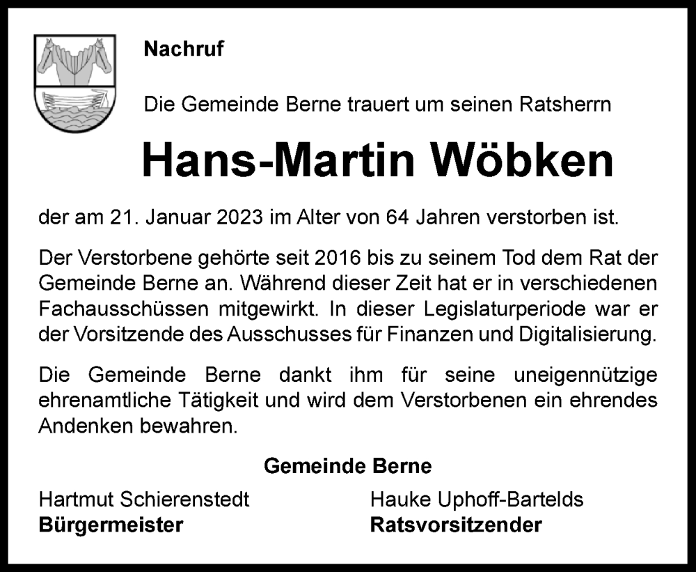  Traueranzeige für Hans-Martin Wöbken vom 25.01.2023 aus Nordwest-Zeitung