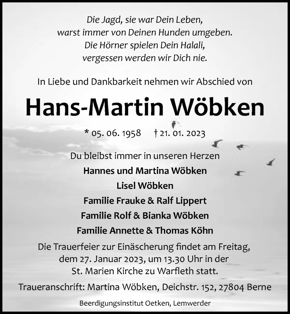  Traueranzeige für Hans-Martin Wöbken vom 25.01.2023 aus Nordwest-Zeitung