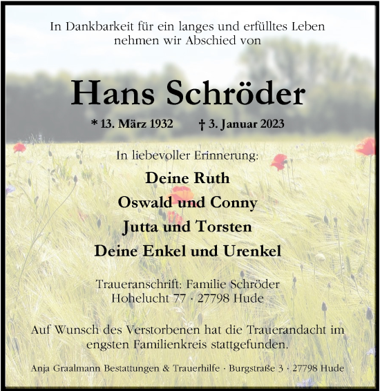 Traueranzeige von Hans Schröder von Nordwest-Zeitung