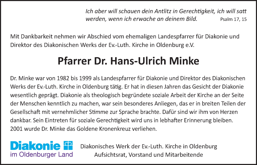  Traueranzeige für Hans-Ulrich Minke vom 14.01.2023 aus Nordwest-Zeitung