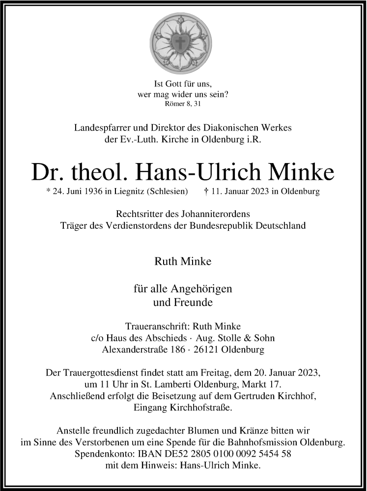  Traueranzeige für Hans-Ulrich Minke vom 14.01.2023 aus Nordwest-Zeitung