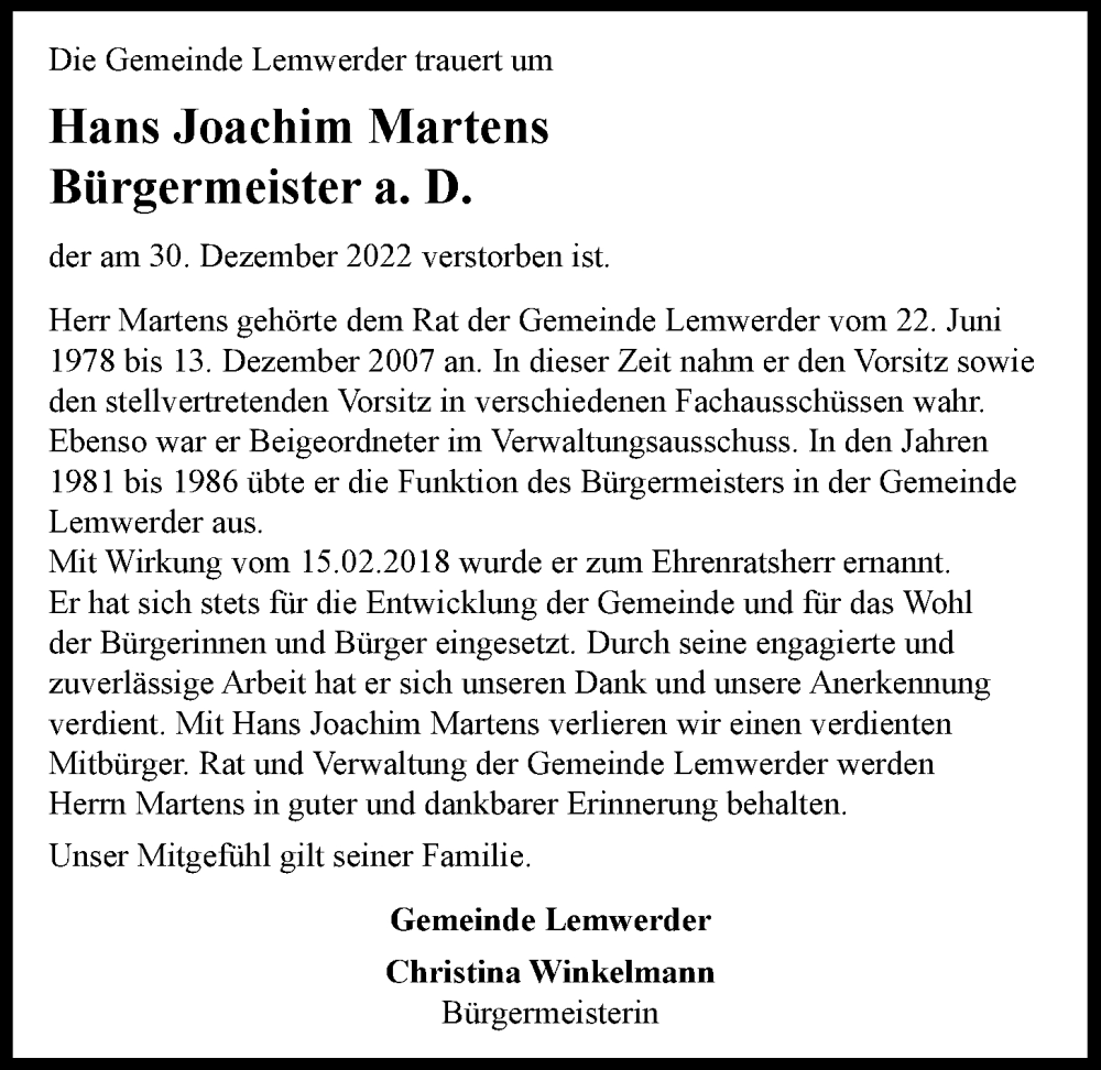  Traueranzeige für Hans Joachim Martens vom 06.01.2023 aus Nordwest-Zeitung