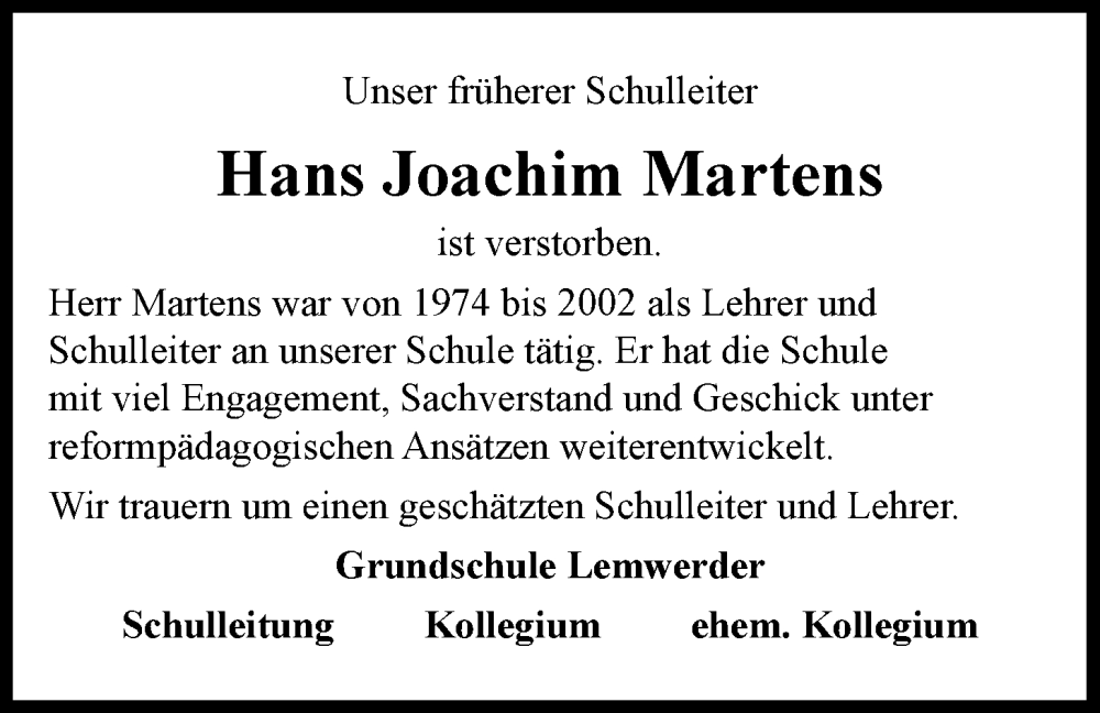 Traueranzeige für Hans Joachim Martens vom 06.01.2023 aus Nordwest-Zeitung