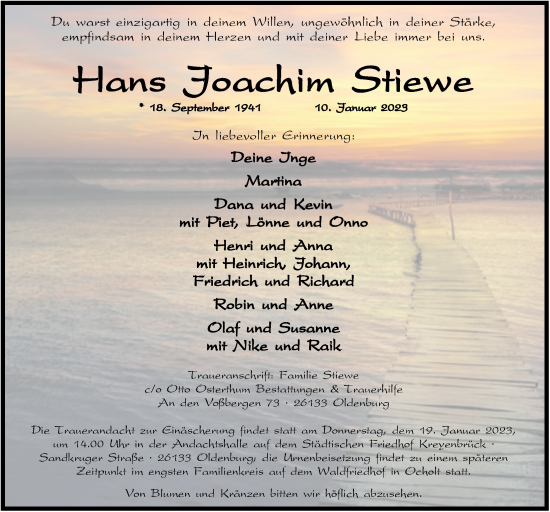 Traueranzeige von Hans Joachim Stiewe von Nordwest-Zeitung