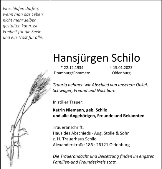 Traueranzeige von Hansjürgen Schilo von Nordwest-Zeitung