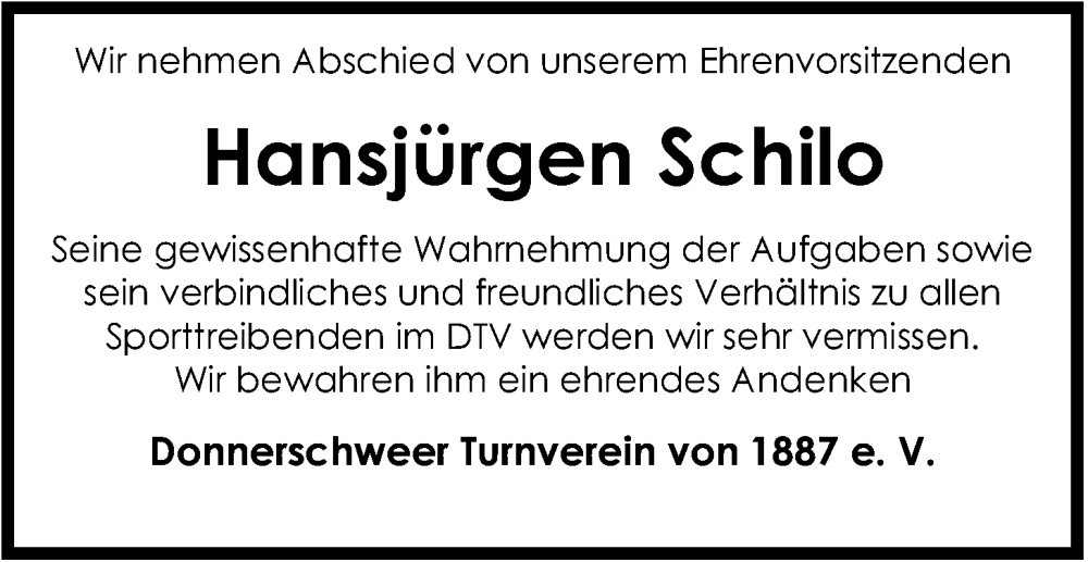  Traueranzeige für Hansjürgen Schilo vom 28.01.2023 aus Nordwest-Zeitung
