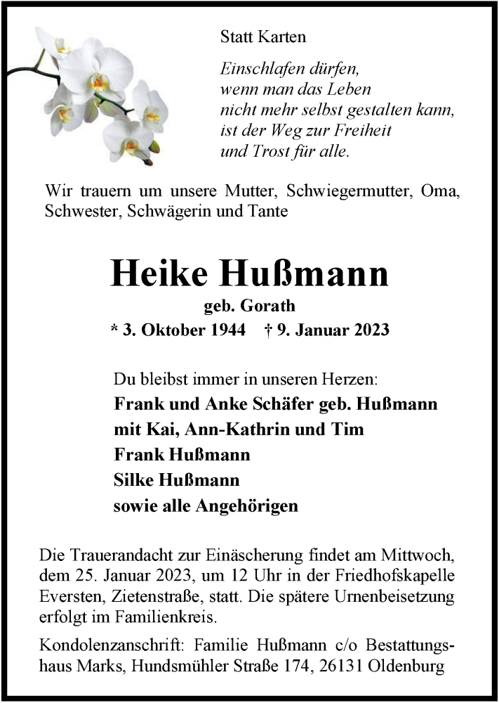  Traueranzeige für Heike Hußmann vom 14.01.2023 aus Nordwest-Zeitung