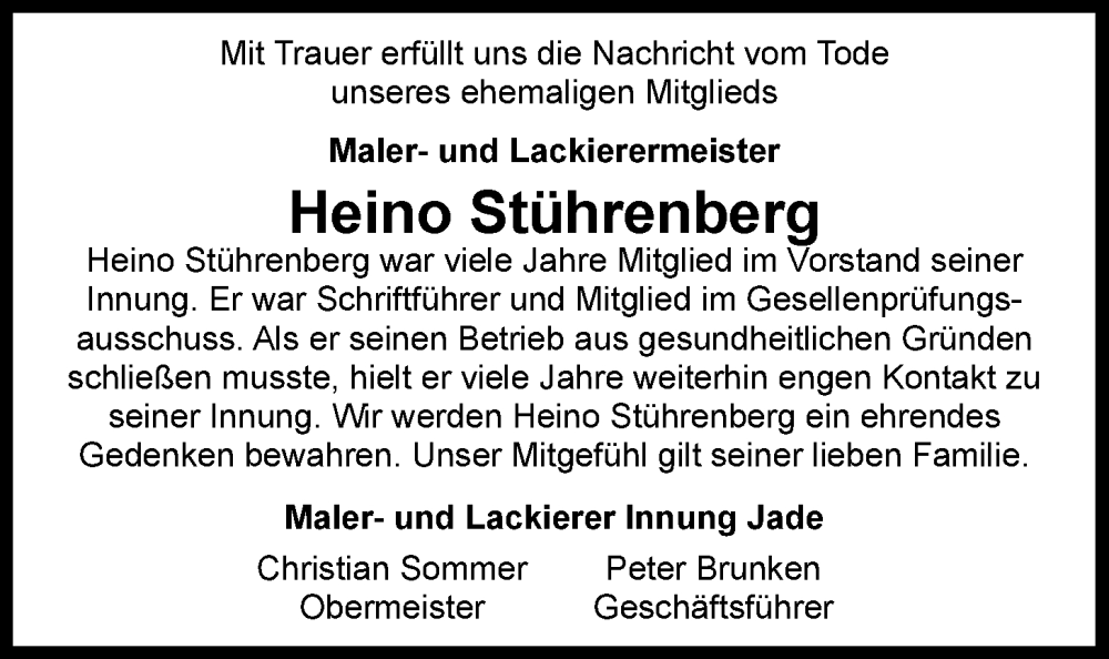 Traueranzeige für Heino Stührenberg vom 31.01.2023 aus Nordwest-Zeitung