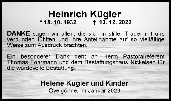 Traueranzeige von Heinrich Kügler von Nordwest-Zeitung