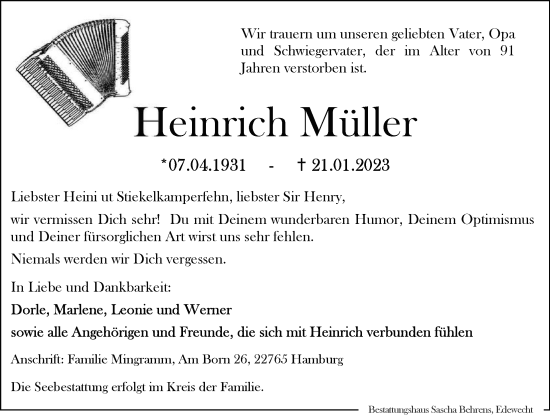 Traueranzeige von Heinrich Müller von Nordwest-Zeitung