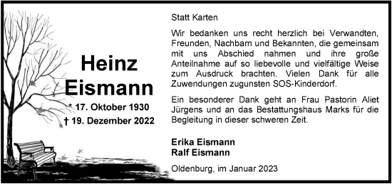 Traueranzeige von Heinz Eismann von Nordwest-Zeitung