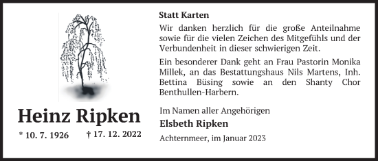 Traueranzeige von Heinz Ripken von Nordwest-Zeitung