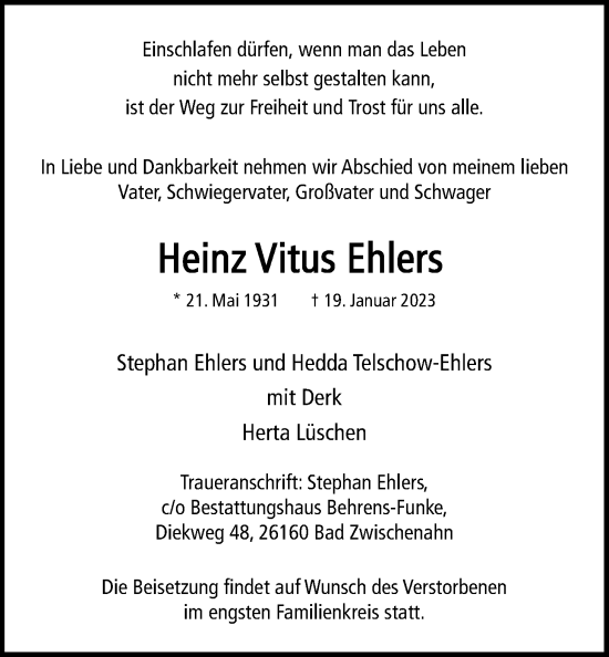 Traueranzeige von Heinz Vitus Ehlers von Nordwest-Zeitung