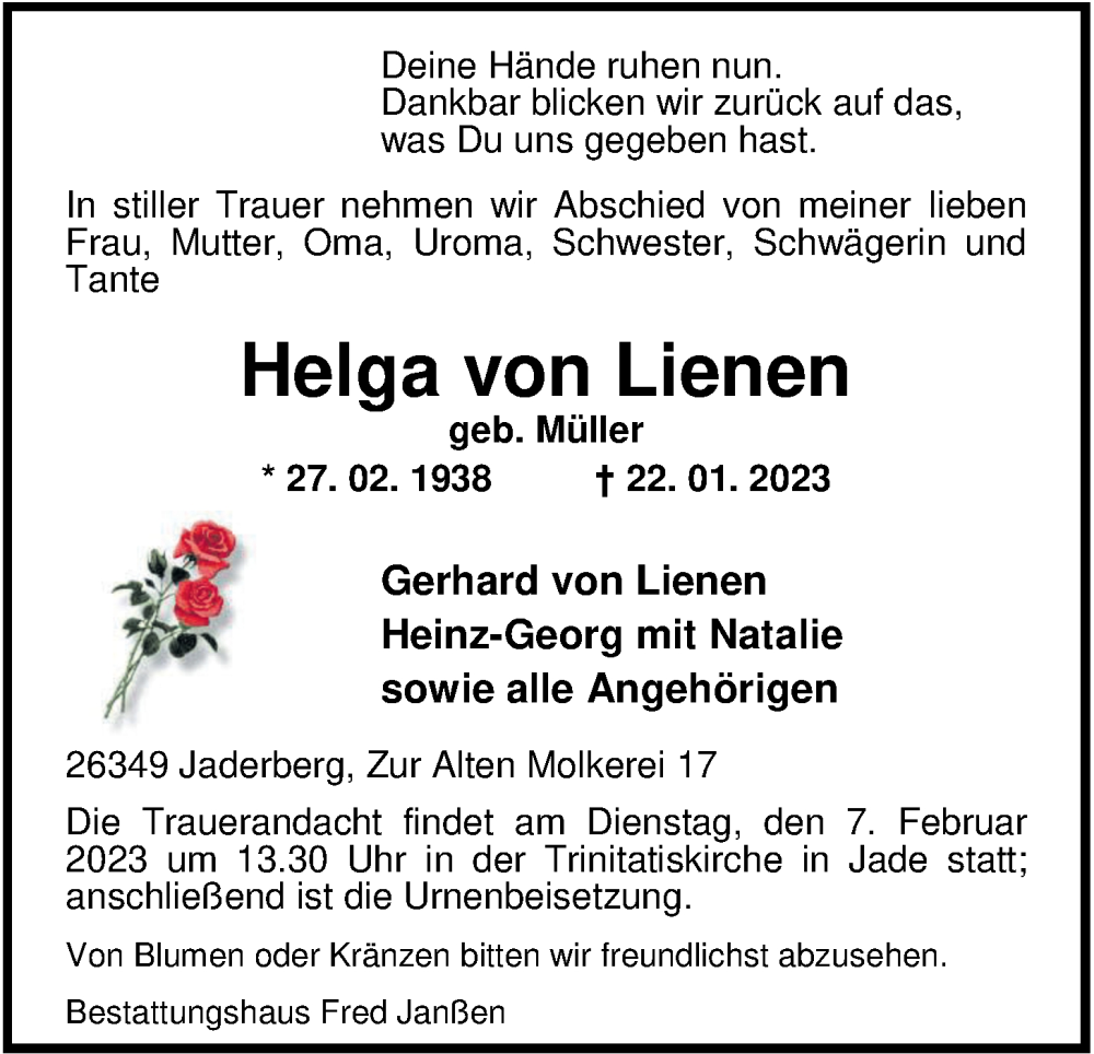  Traueranzeige für Helga von Lienen vom 26.01.2023 aus Nordwest-Zeitung