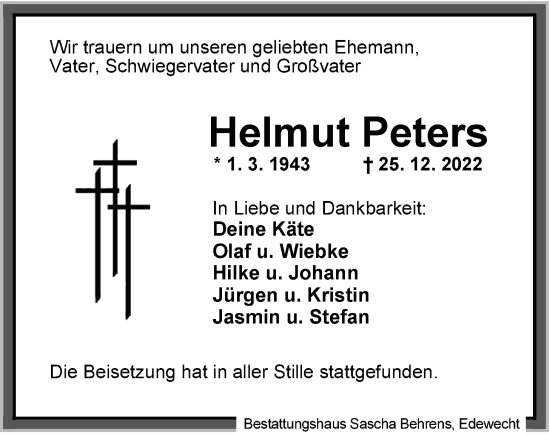 Traueranzeige von Helmut Peters von Nordwest-Zeitung