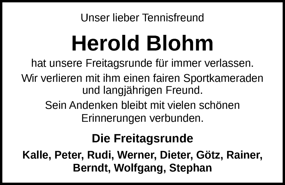  Traueranzeige für Herold Blohm vom 11.01.2023 aus Nordwest-Zeitung