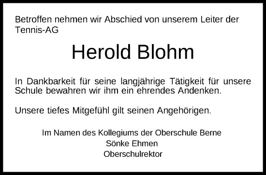 Traueranzeige von Herold Blohm von Nordwest-Zeitung