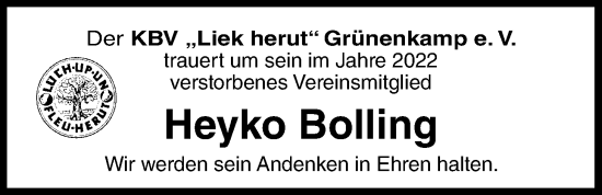 Traueranzeige von Heyko Bolling von Nordwest-Zeitung