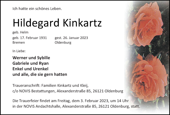 Traueranzeige von Hildegard Kinkartz von Nordwest-Zeitung
